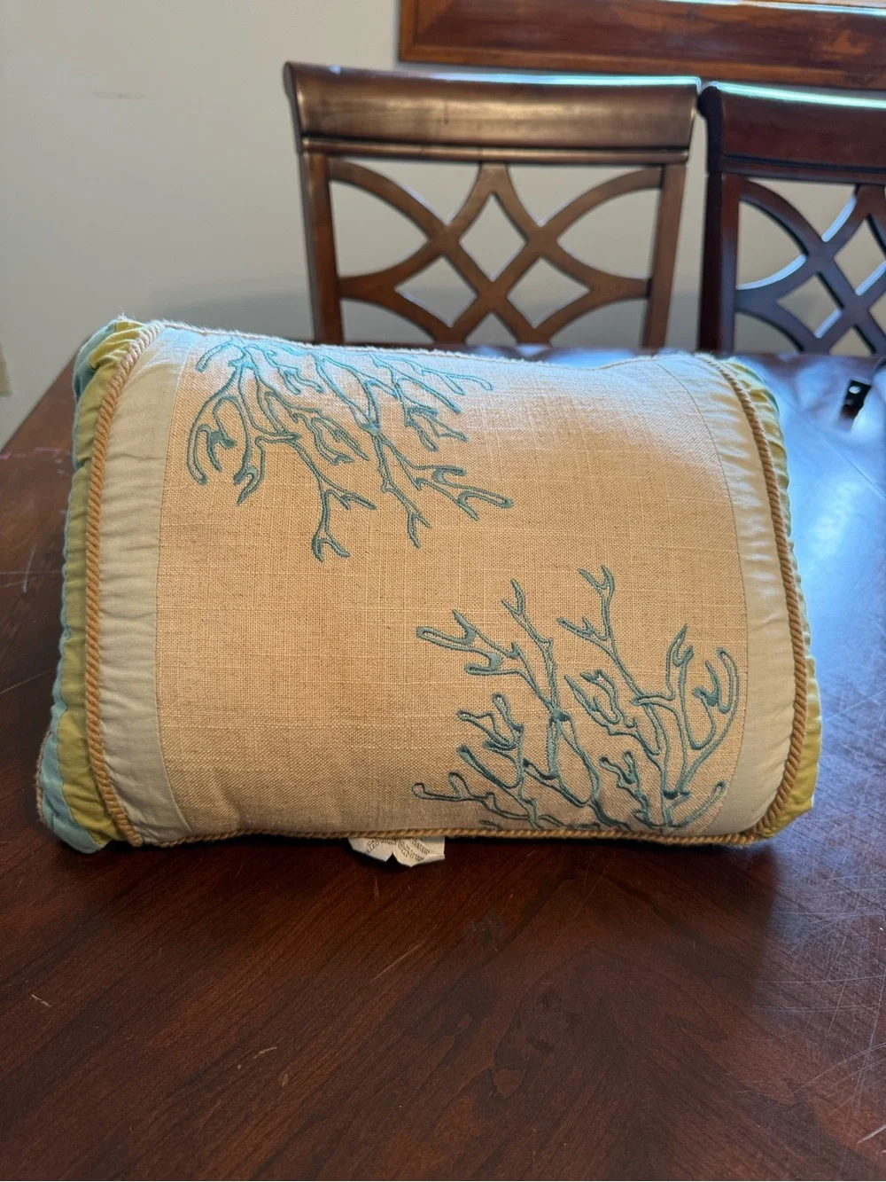 Coastal Embroidered Coral Throw Pillow Pair in Light Blue and Cream
